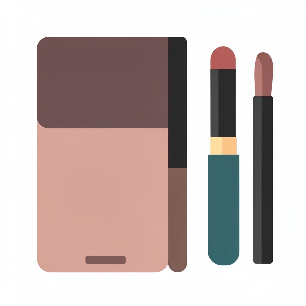 Flat vector illustration of a pink and black makeup kit compact with a powder palette, blush, and small brush in soft pastel tones