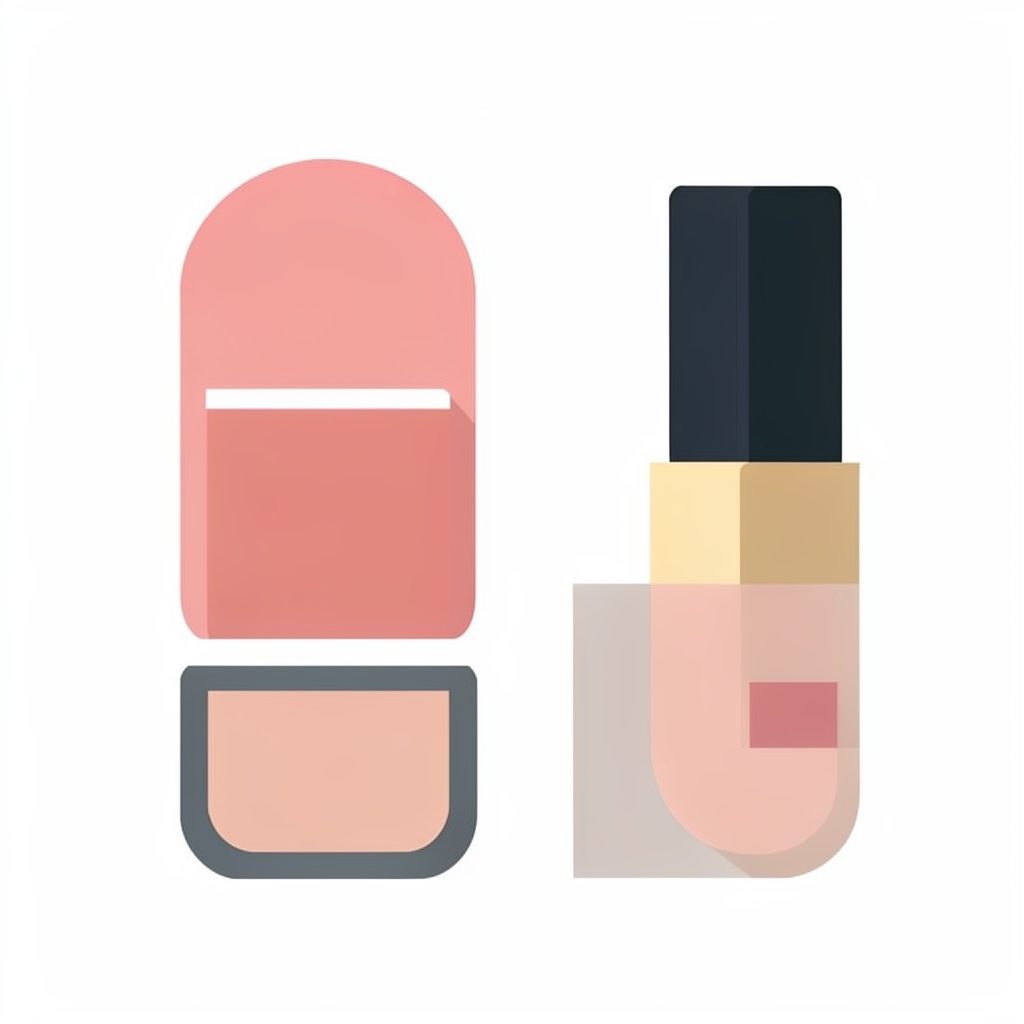 Flat vector illustration of a cosmetics set with foundation bottles and compacts in deep red and black tones