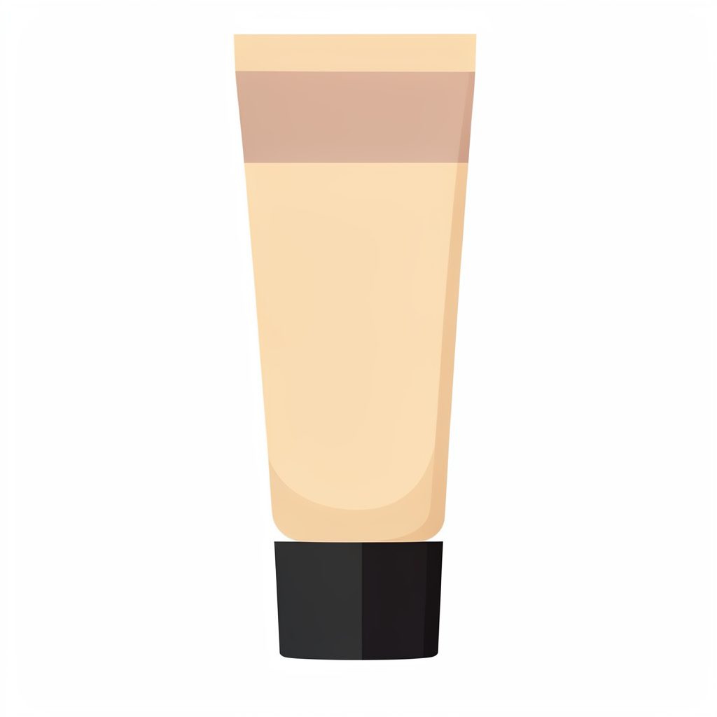 Flat vector illustration of a slim BB cream tube standing upright on a dark grey surface, rendered in soft reds and creams with a clean, modern mood.