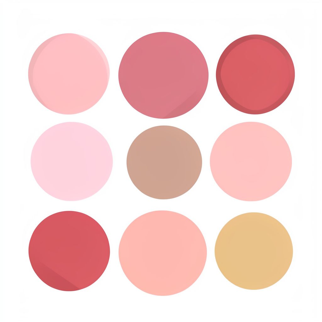 Flat vector illustration of an eight-color blush compact opened to reveal rosy and coral pans, set against a charcoal background with a warm, inviting mood.