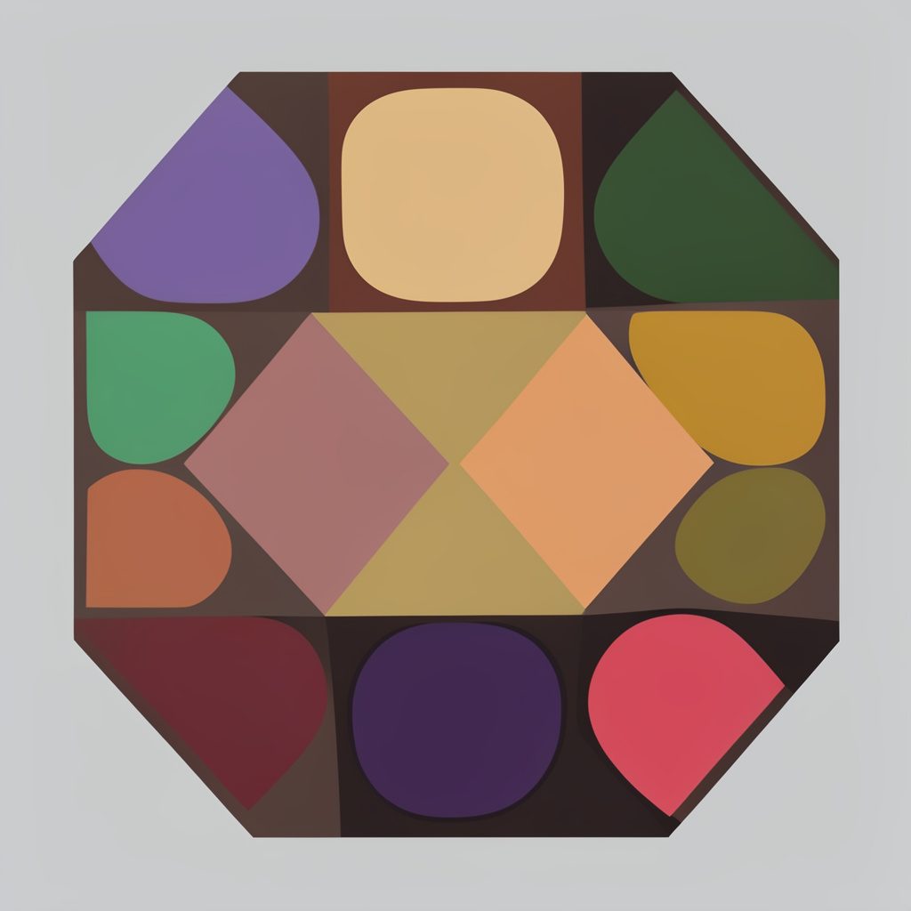Flat vector illustration of a ten-color eyeshadow palette in deep charcoal casing, displayed on a maroon backdrop with a luxurious and orderly mood.