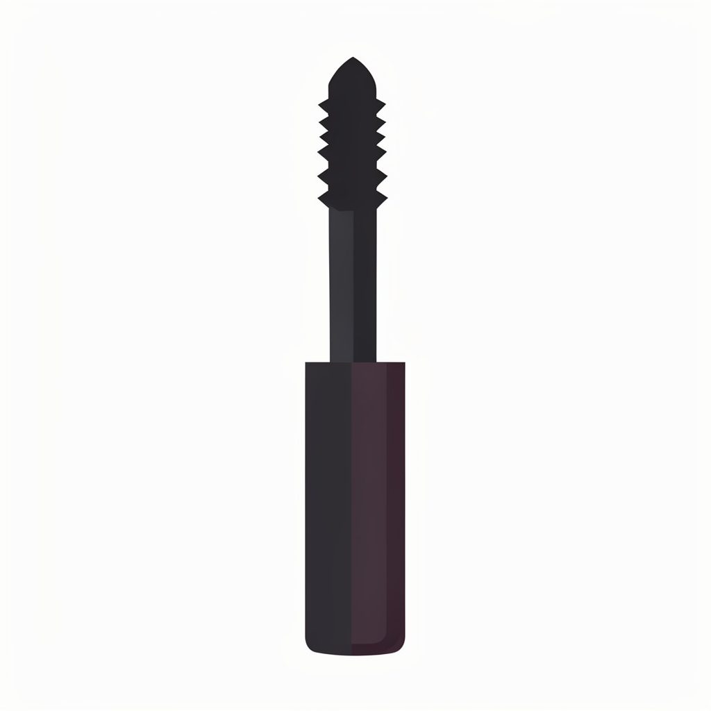 Flat vector illustration of a black and red mascara tube with curved brush, set on a deep maroon background, conveying a polished and promotional mood.